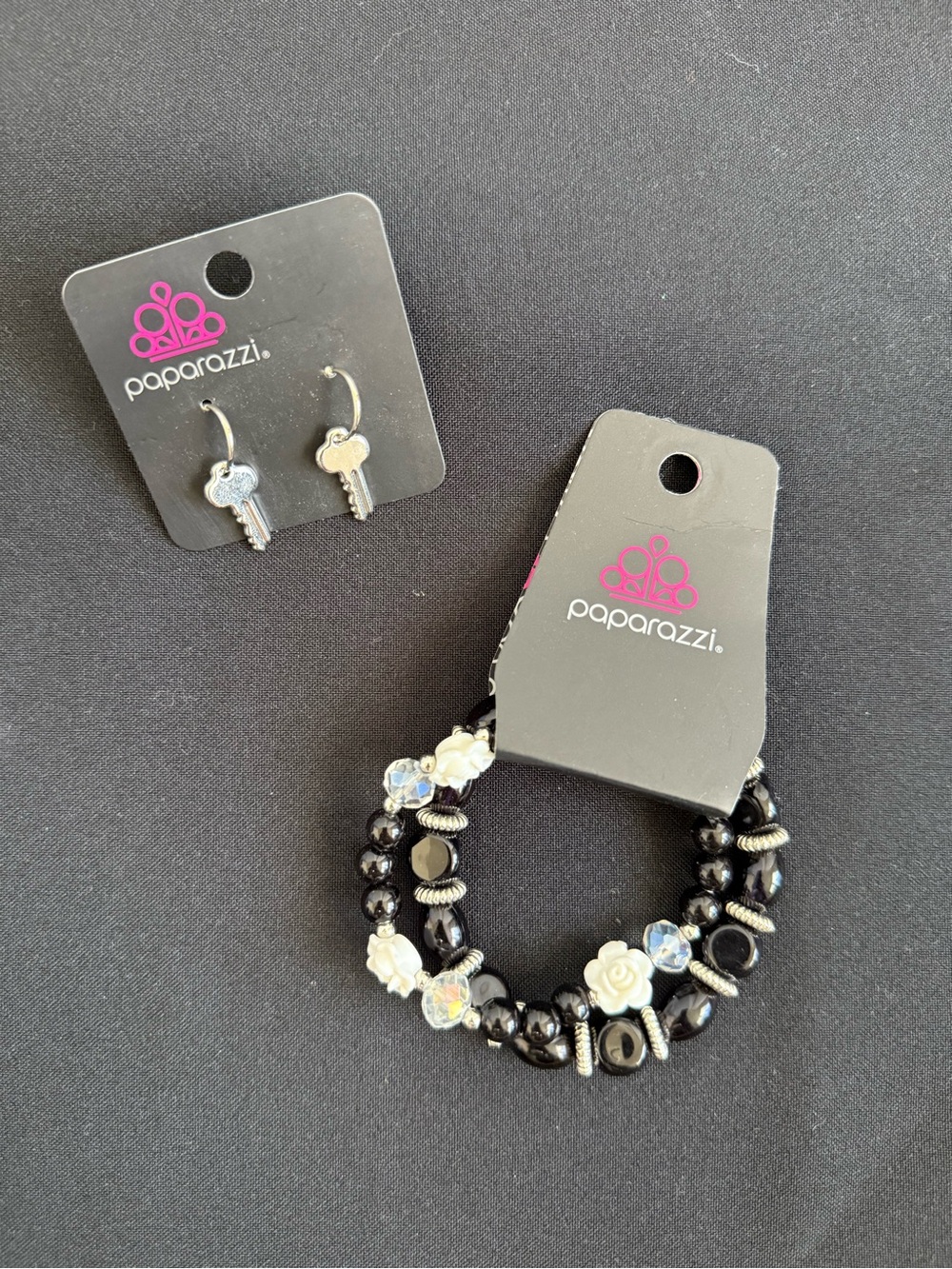 Paparazzi Black Beaded Stretch Bracelet with White Rose and Iridescent Accents